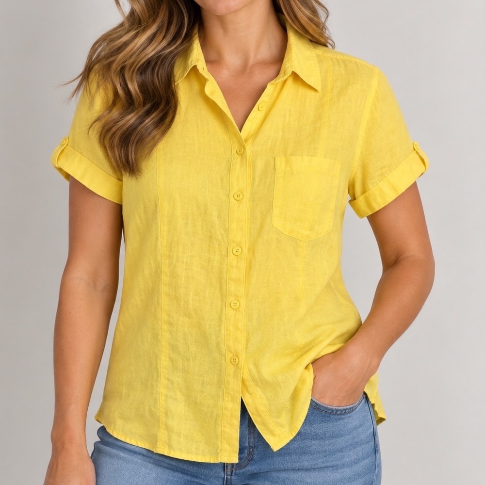 Kim Rogers Petite Large 100% Linen Shirt Yellow Button Up Coastal Summer Top